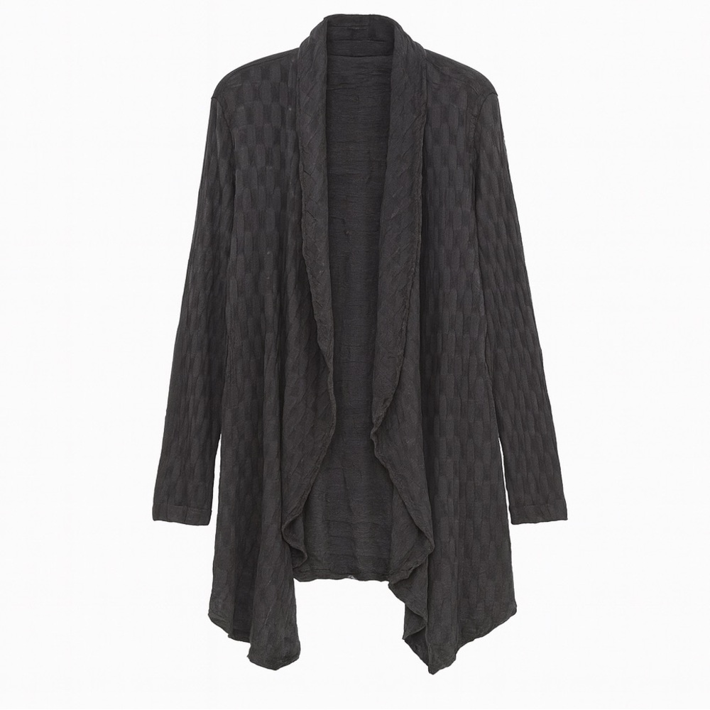 Flax Linen Blend Open Cardigan Black Large Gauzy Longline Textured Checkered
